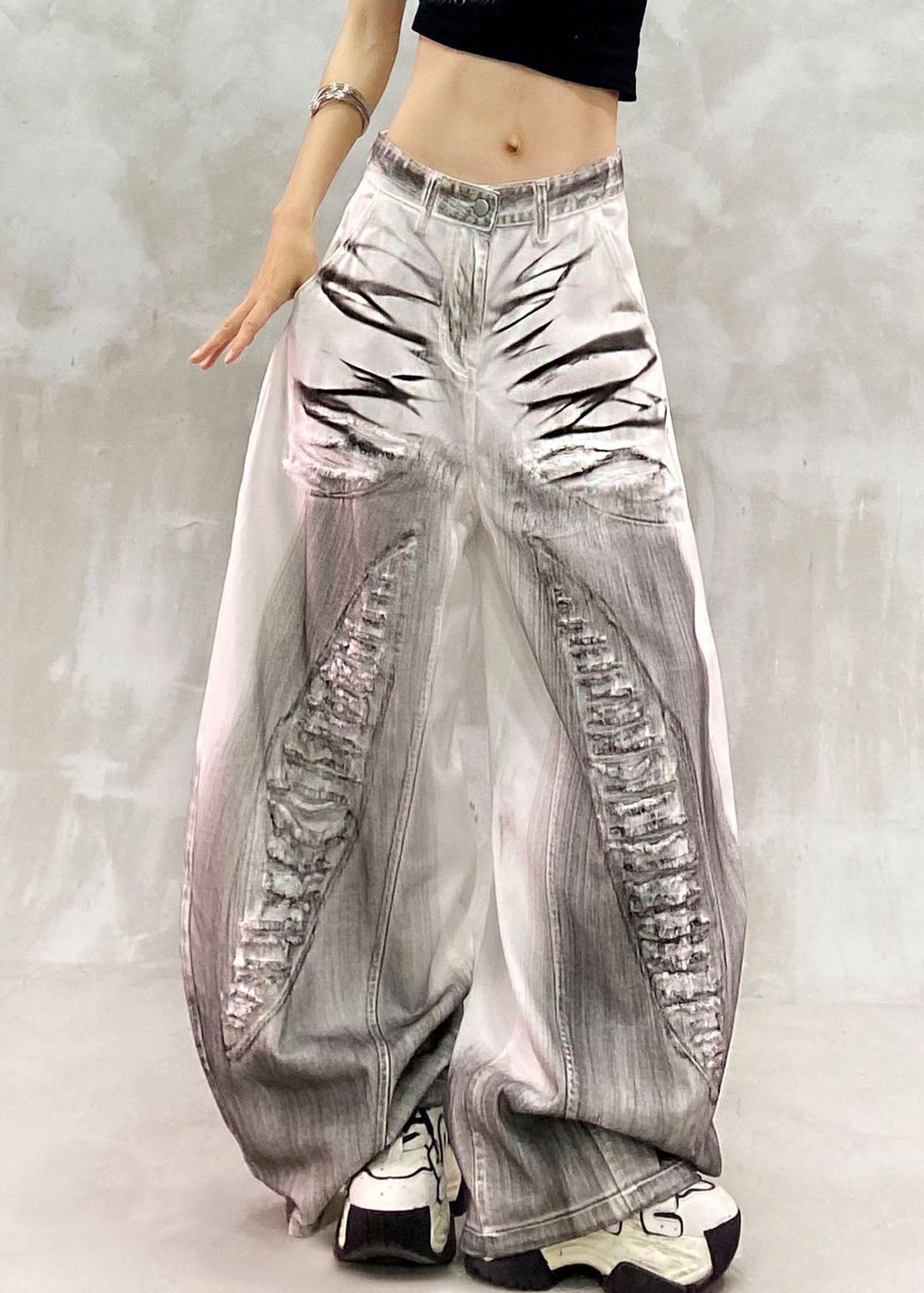 Retro White High Waist Hole Wide Leg Jeans