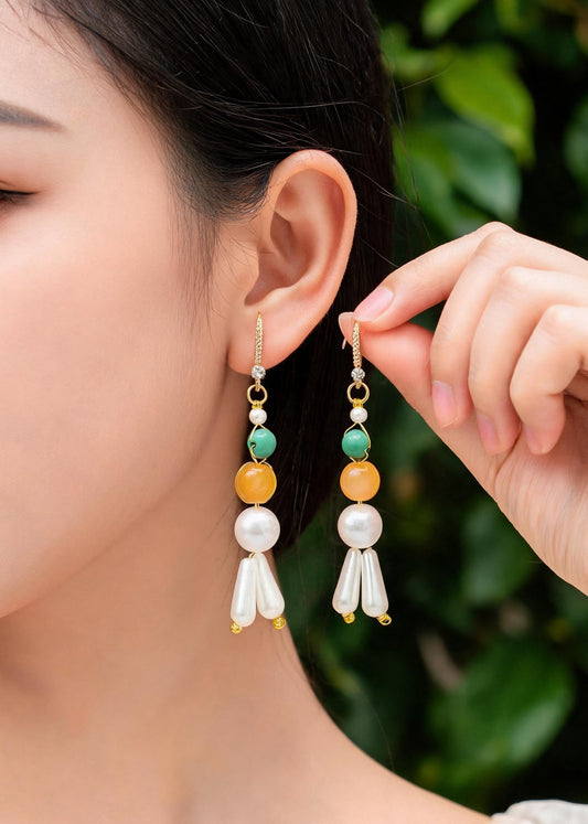 Retro White Pearl Fine Turquoise Oriental Drop Earrings
