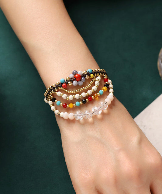 Retro White Waxed Cord Turquoise Agate Layered Chain Bracelet