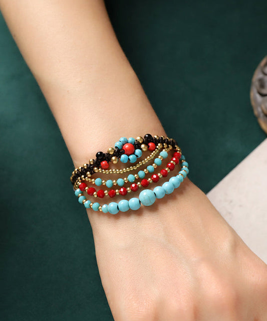 Retro White Waxed Cord Turquoise Agate Layered Chain Bracelet