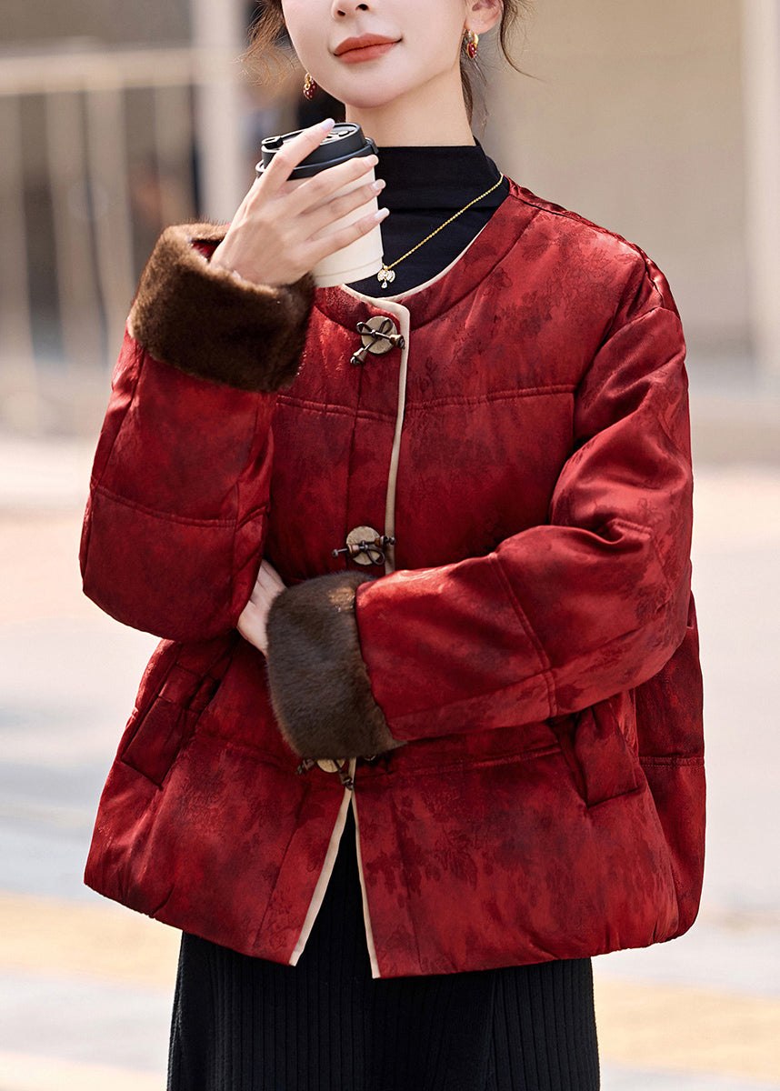 Retro Yellow O Neck Pockets Patchwork Duck Down Jackets Winter