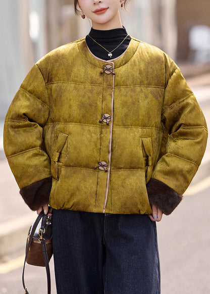 Retro Yellow O Neck Pockets Patchwork Duck Down Jackets Winter