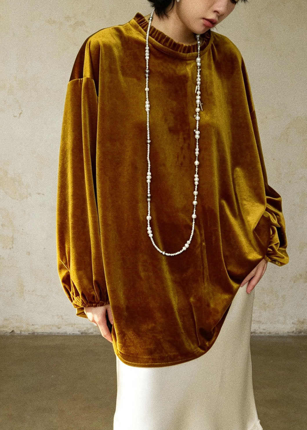 Retro Yellow Patchwork Solid Silk Velour Tops Lantern Sleeve