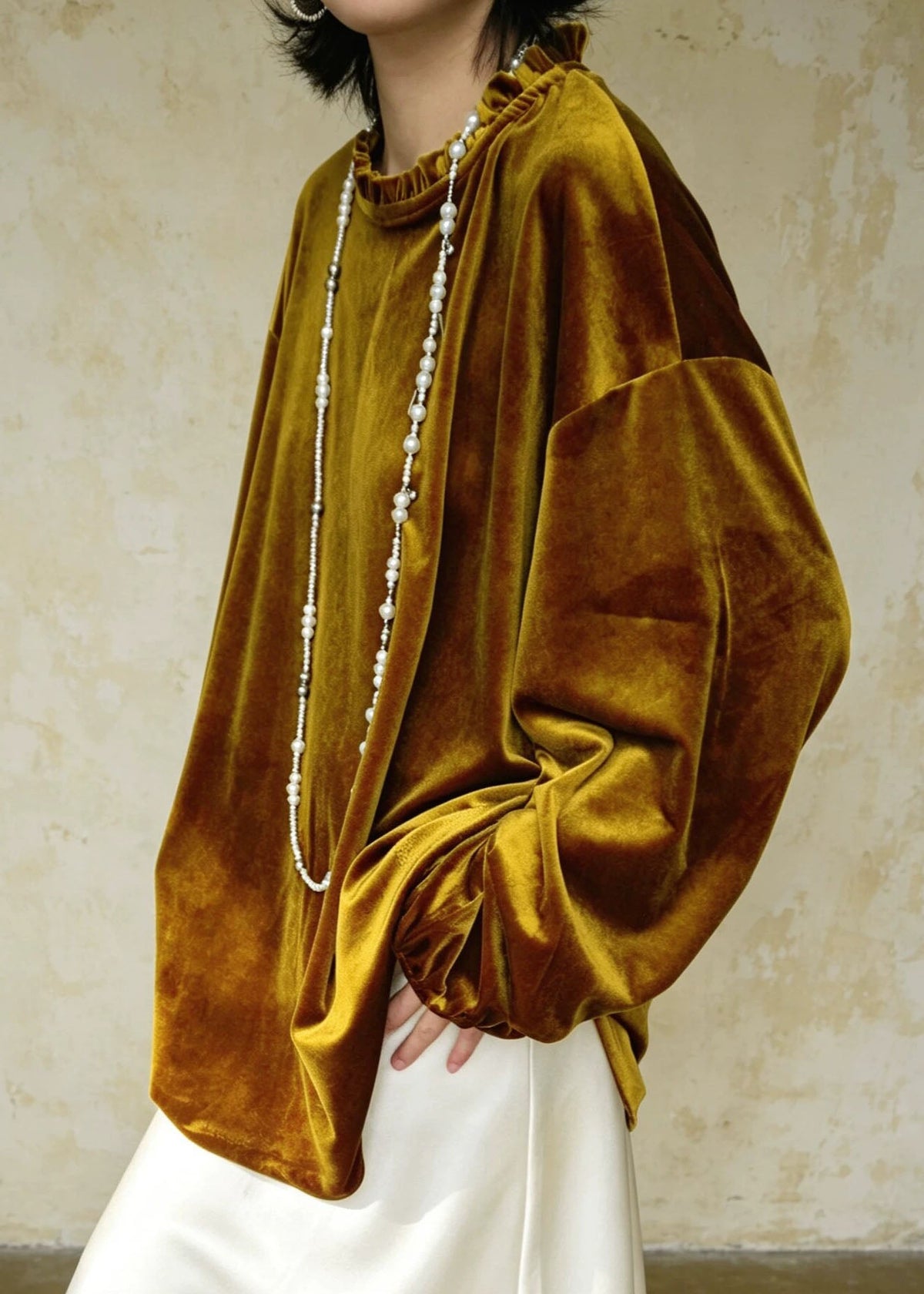 Retro Yellow Patchwork Solid Silk Velour Tops Lantern Sleeve