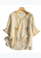 Retro Yellow V Neck Print Cotton T Shirts Top Summer