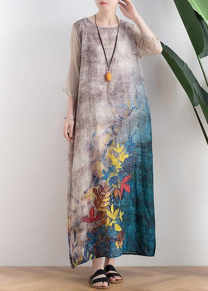 Retro style silk dress linen dress gray leaf print loose simple tie waist dress - SooLinen