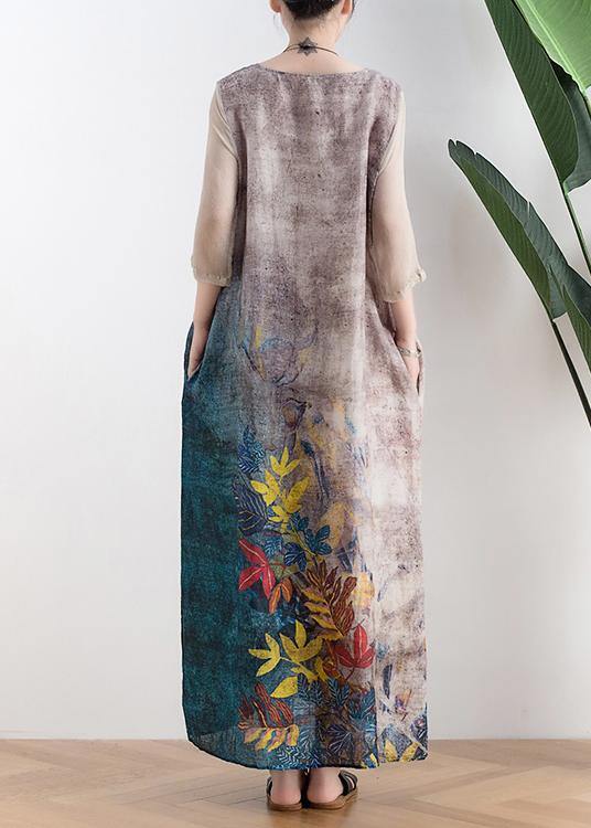Retro style silk dress linen dress gray leaf print loose simple tie waist dress - SooLinen