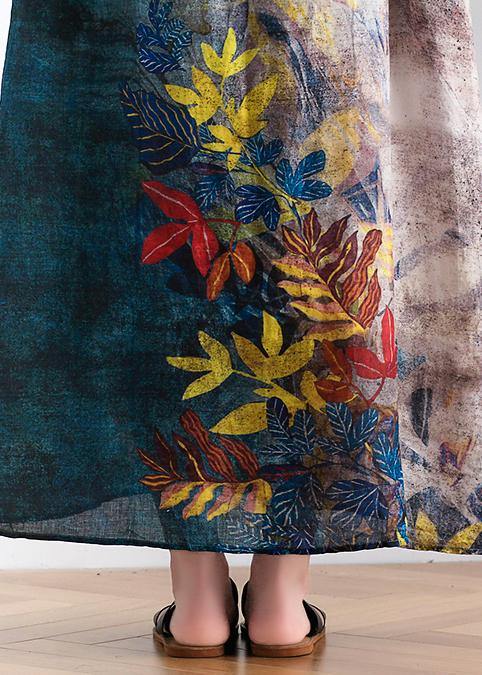 Retro style silk dress linen dress gray leaf print loose simple tie waist dress - SooLinen
