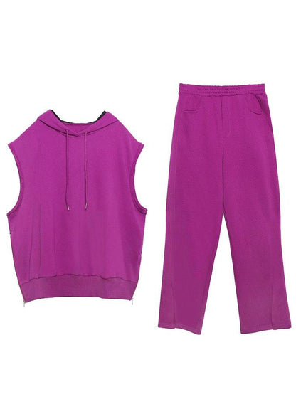 Retro women's sweater and trousers rose purple fashion two piece set - SooLinen