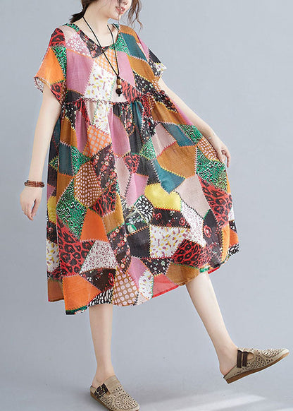 Rhombic Lattice Print Linen Maxi Dress Wrinkled Short Sleeve