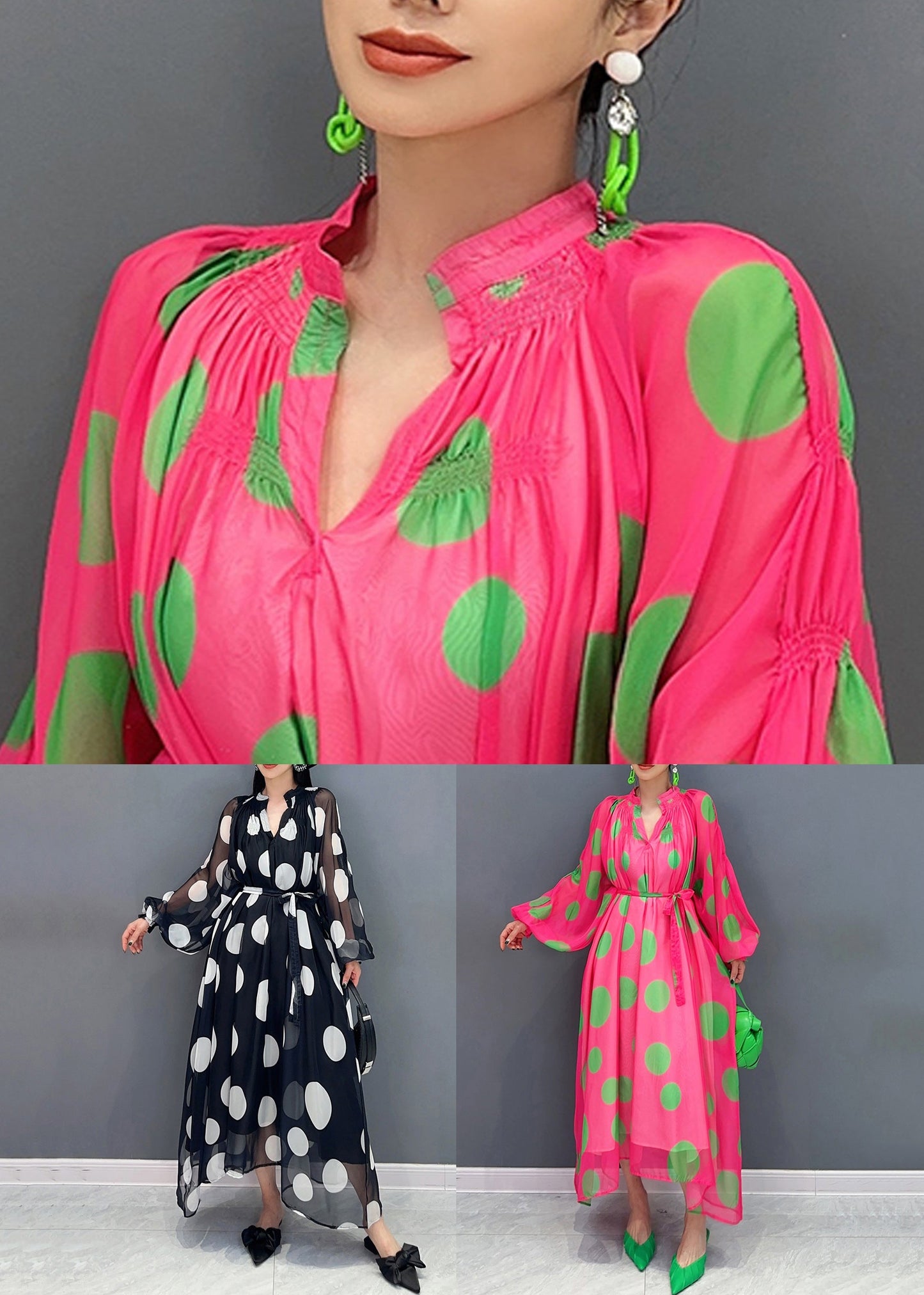 Romantic Art Theme Red Dot Chiffon Dress Fall