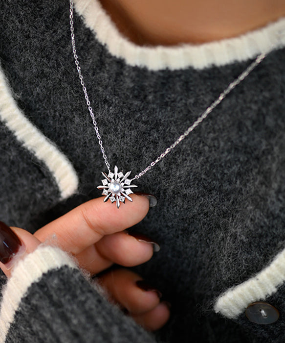 Romantic Christmas Snowflakes Pearl Adjustable Silver Pendant Necklace