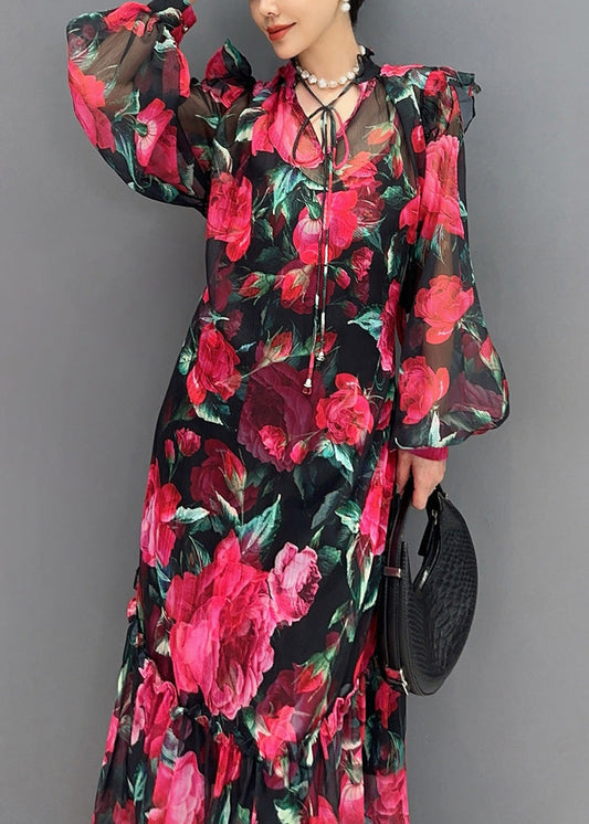 Romantic Rose Patterned Maxi Dress Featuring Long Sleeve