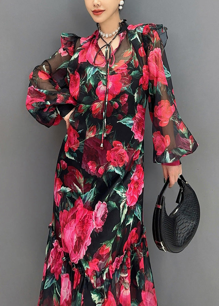Romantic Rose Patterned Maxi Dress Featuring Long Sleeve