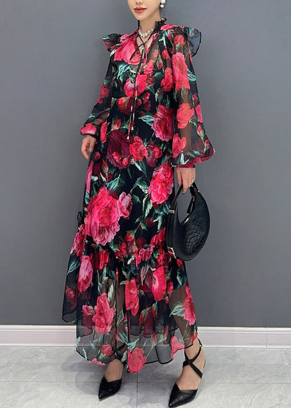 Romantic Rose Patterned Maxi Dress Featuring Long Sleeve
