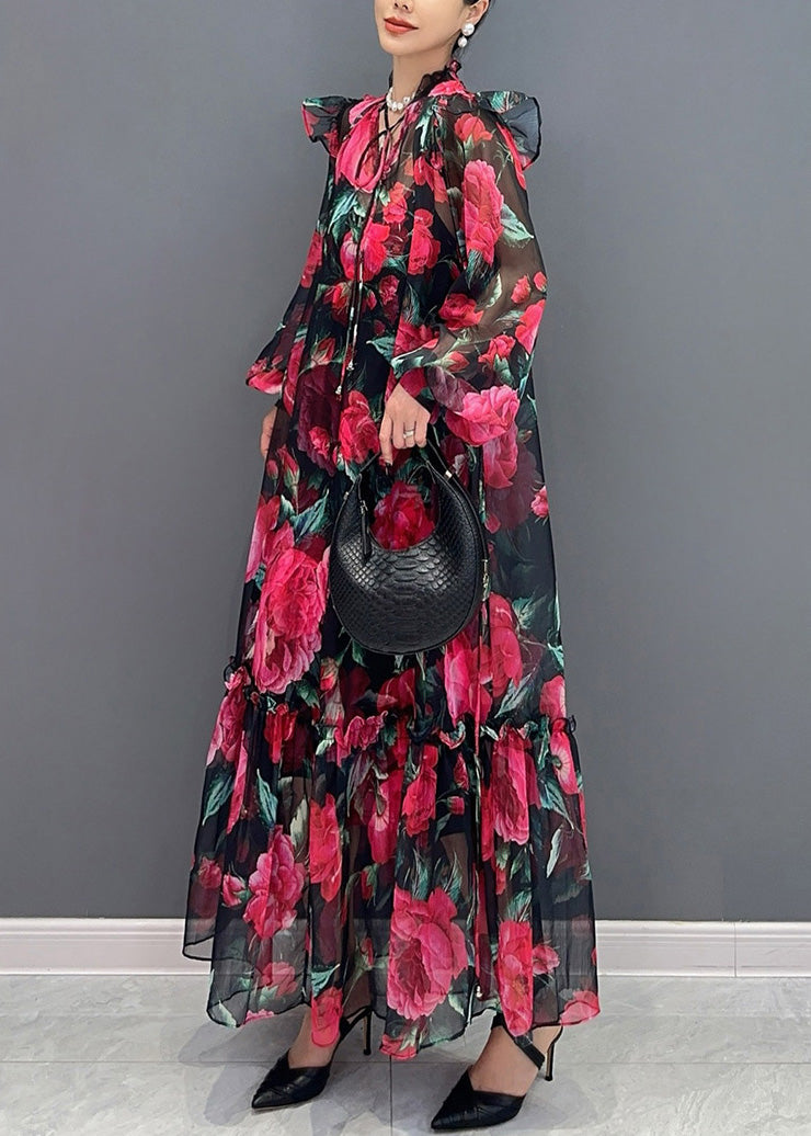 Romantic Rose Patterned Maxi Dress Featuring Long Sleeve