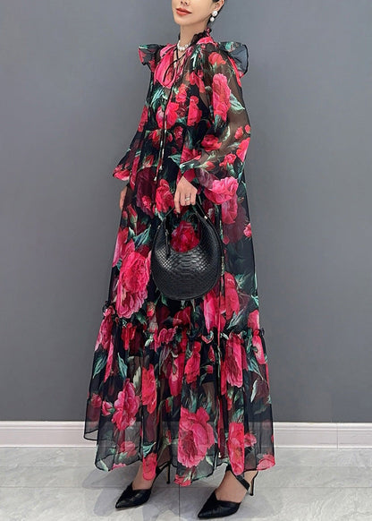 Romantic Rose Patterned Maxi Dress Featuring Long Sleeve