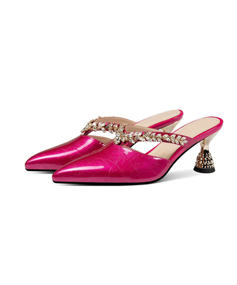 Rose Chunky Cowhide Leather Simple Splicing Slide Sandals Zircon