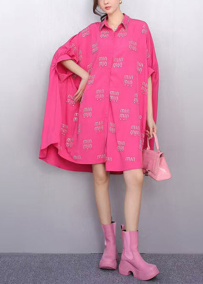 Rose Letter Zircon Shirt Dress Oversized Batwing Sleeve