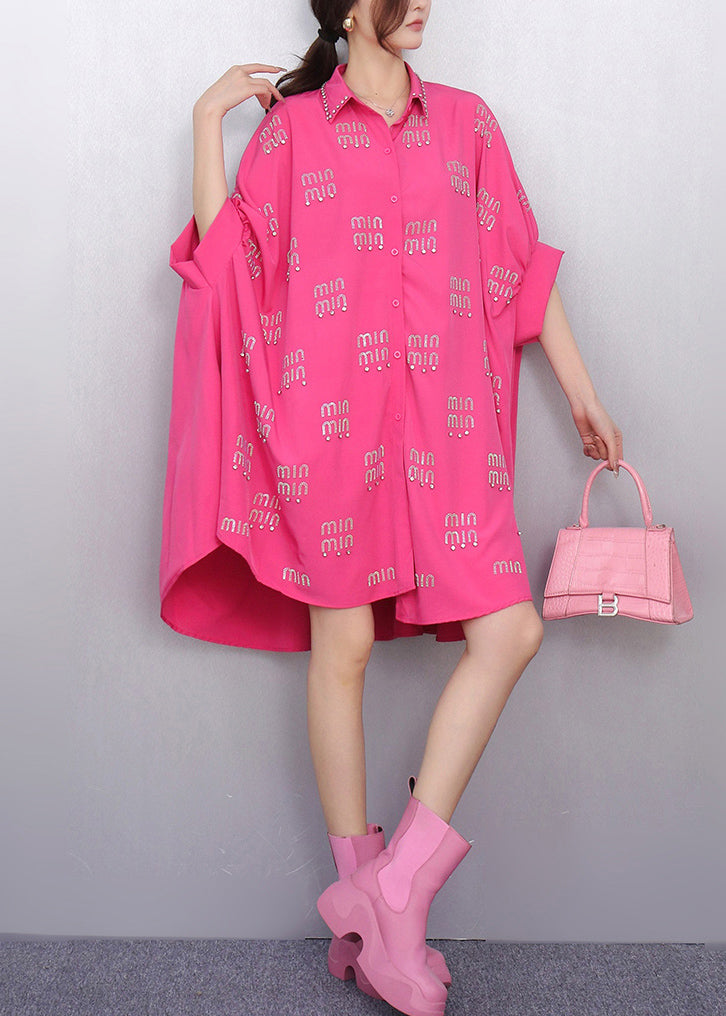 Rose Letter Zircon Shirt Dress Oversized Batwing Sleeve