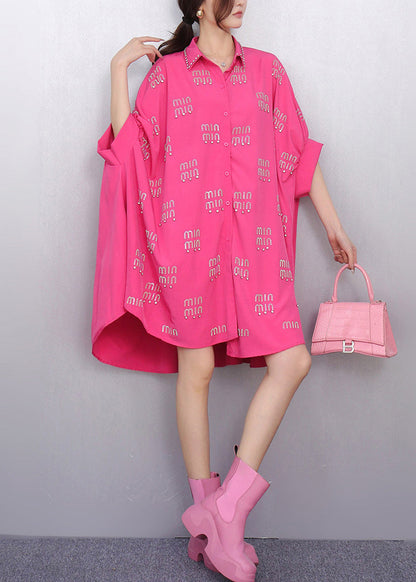 Rose Letter Zircon Shirt Dress Oversized Batwing Sleeve