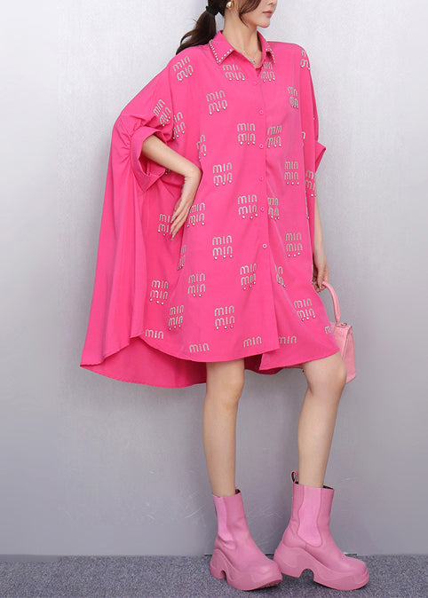 Rose Letter Zircon Shirt Dress Oversized Batwing Sleeve