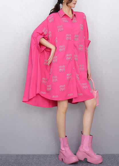 Rose Letter Zircon Shirt Dress Oversized Batwing Sleeve