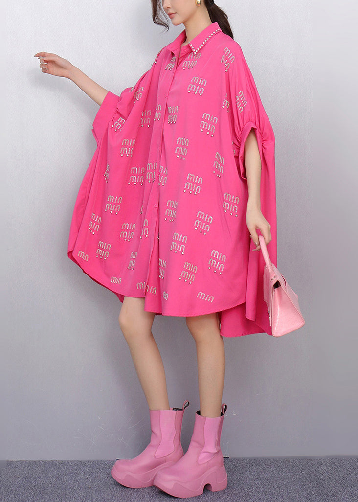Rose Letter Zircon Shirt Dress Oversized Batwing Sleeve