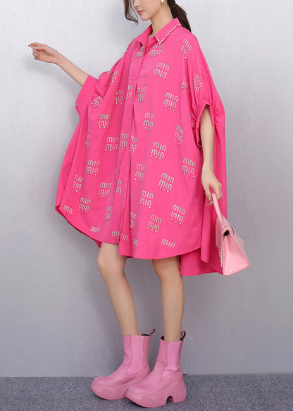 Rose Letter Zircon Shirt Dress Oversized Batwing Sleeve