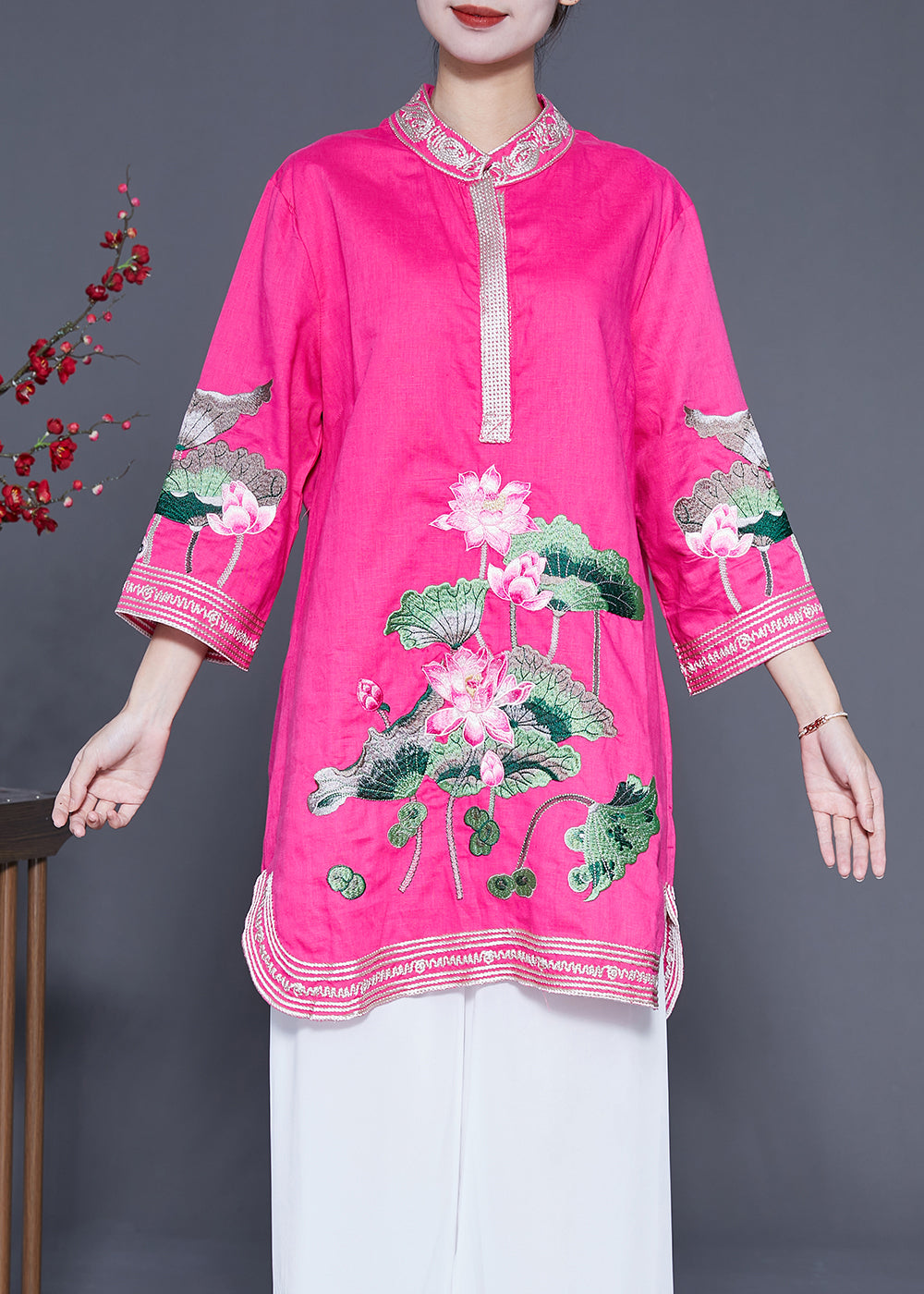 Rose Linen Vacation Dress Stand Collar Lotus Embroideried Summer