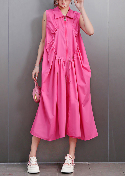 Rose Loose Cotton Party Dress Zip Up Wrinkled Sleeveless