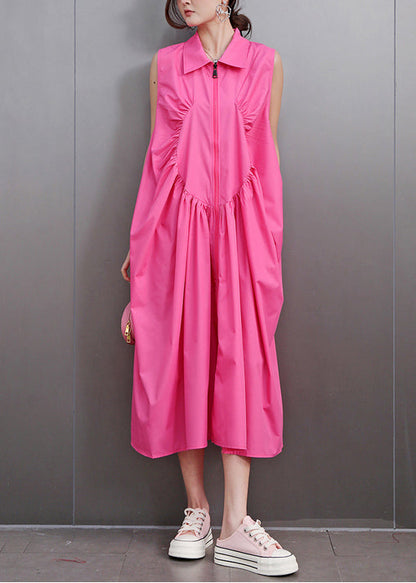 Rose Loose Cotton Party Dress Zip Up Wrinkled Sleeveless