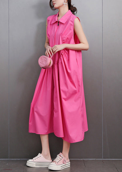 Rose Loose Cotton Party Dress Zip Up Wrinkled Sleeveless