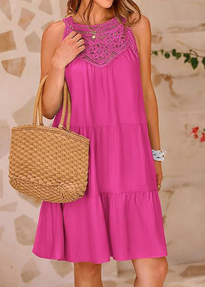 Rose Patchwork Cotton Mini Dress Hollow Out Sleeveless