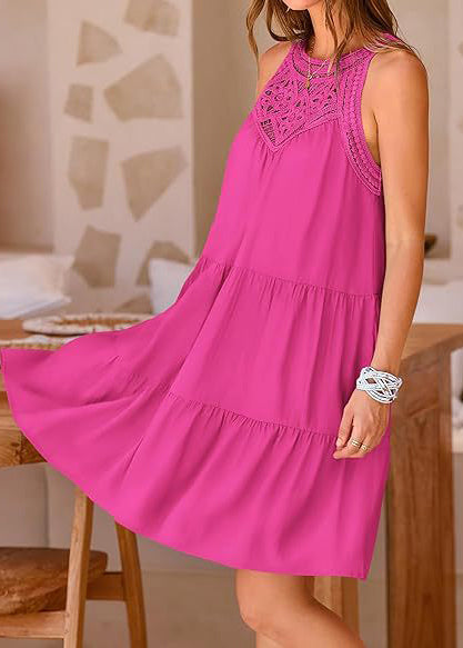 Rose Patchwork Cotton Mini Dress Hollow Out Sleeveless