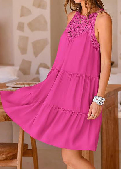 Rose Patchwork Cotton Mini Dress Hollow Out Sleeveless