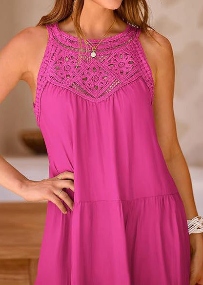 Rose Patchwork Cotton Mini Dress Hollow Out Sleeveless