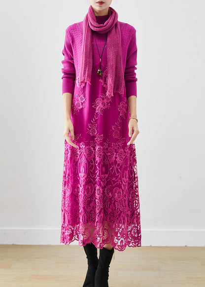 Rose Patchwork Knit Robe Dresses Embroidered Fall