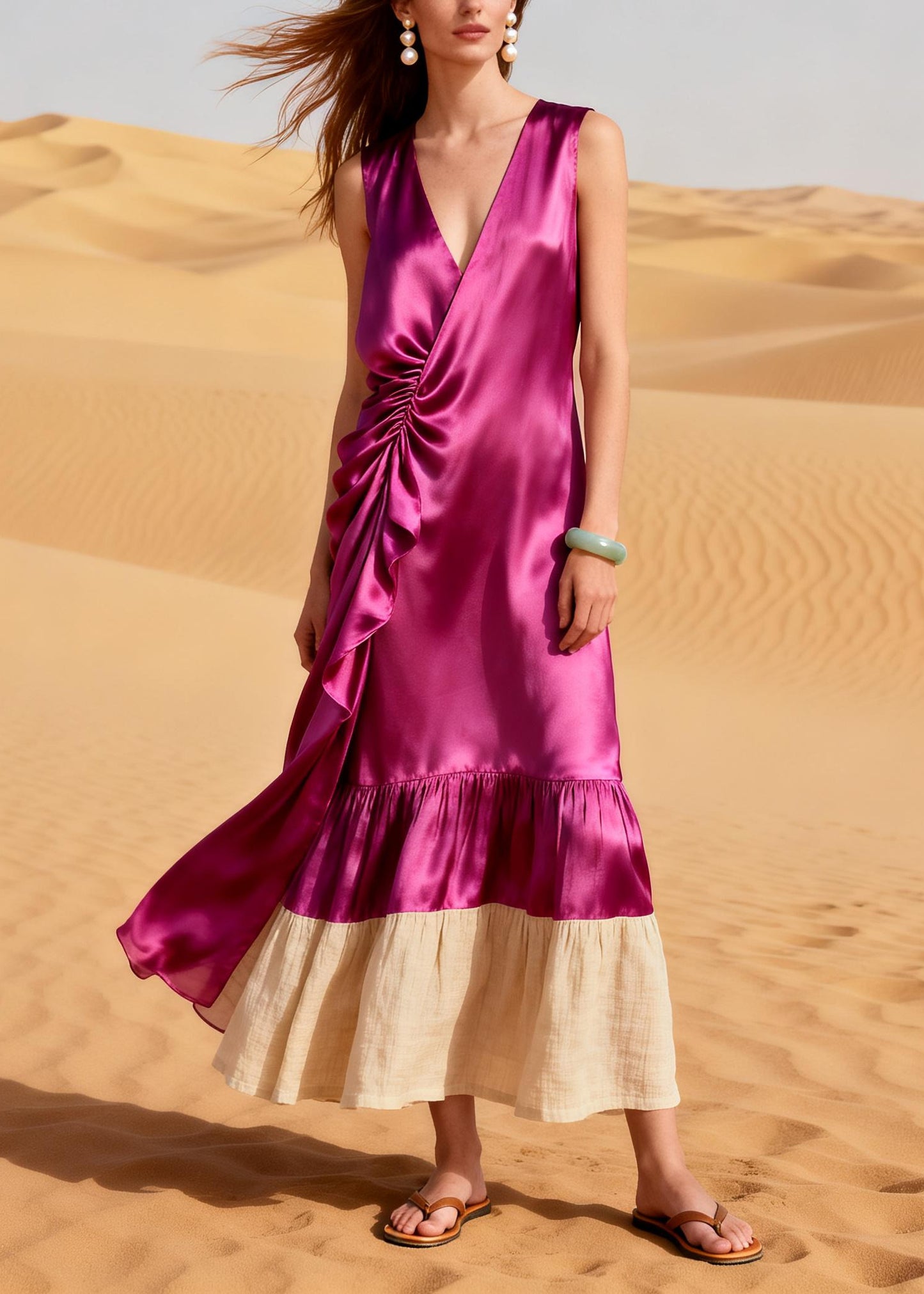 Rose Patchwork Silk Maxi Dress Asymmetrical Wrinkled Summer