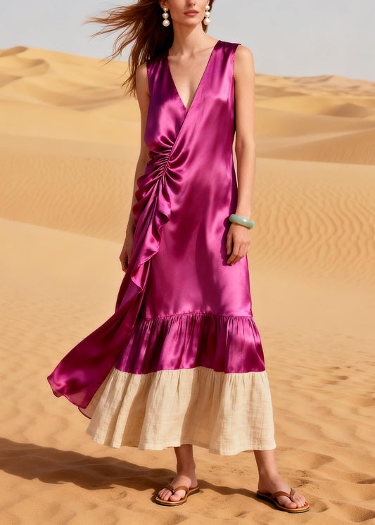 Rose Patchwork Silk Maxi Dress Asymmetrical Wrinkled Summer