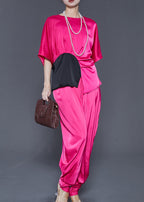 Rose Patchwork Silk Two Pieces Set Asymmetrical Design Summer