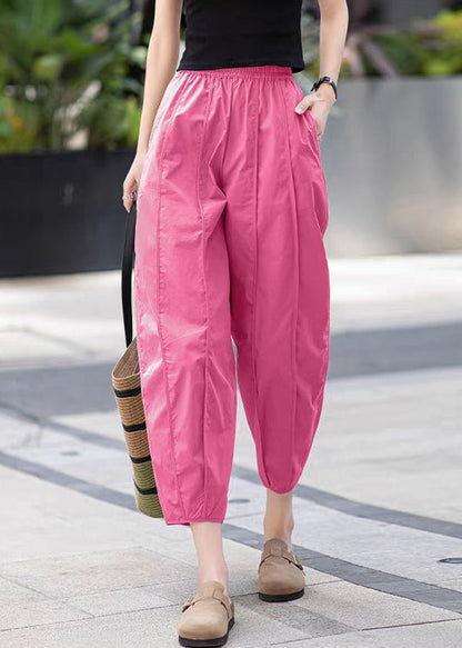 Rose Pockets Elastic Waist Solid Cotton Crop Pants Wrinkled
