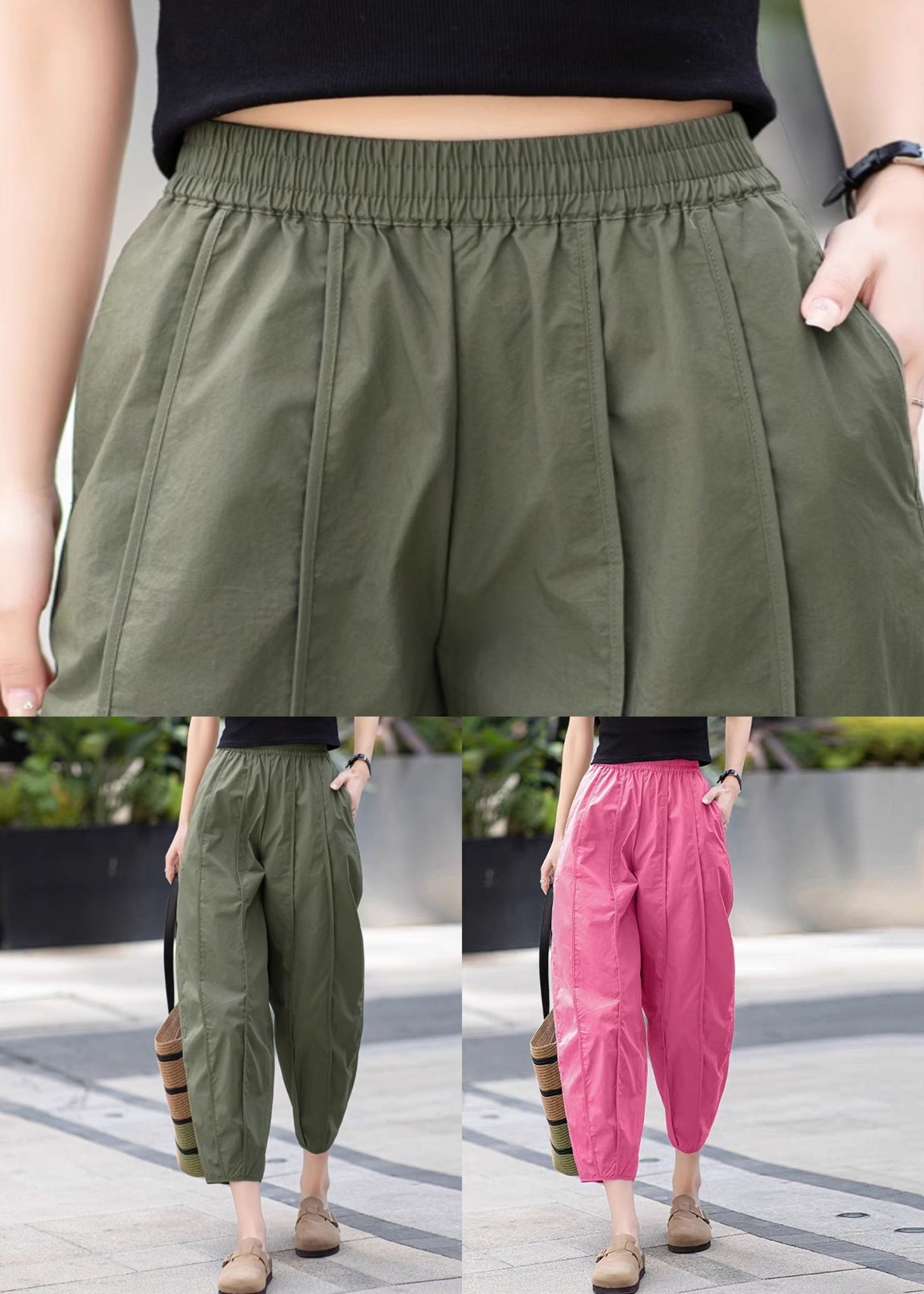 Rose Pockets Elastic Waist Solid Cotton Crop Pants Wrinkled