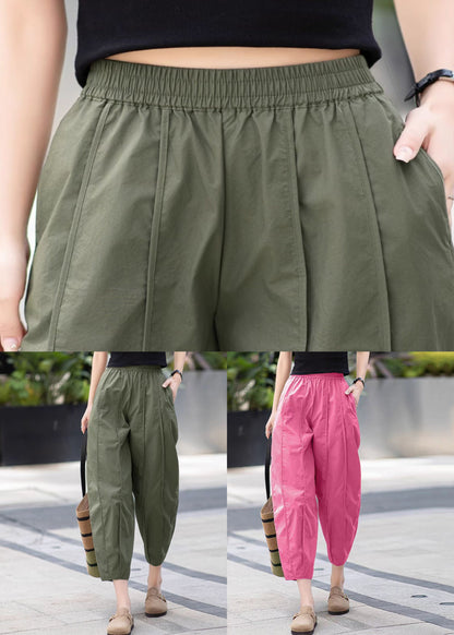 Rose Pockets Elastic Waist Solid Cotton Crop Pants Wrinkled