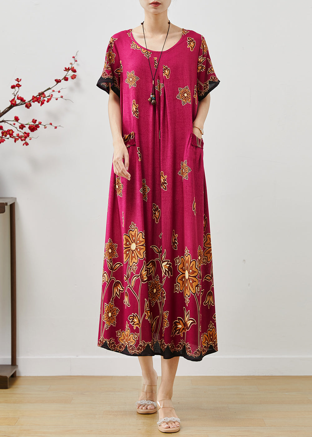 Rose Print Cotton Holiday Dress Oversized Summer