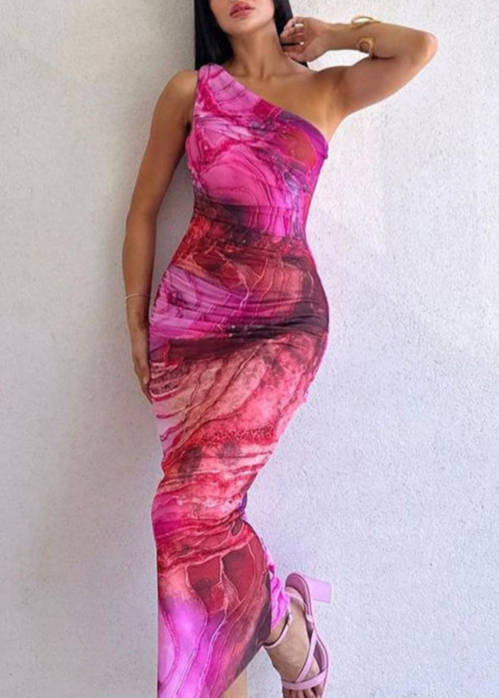 Rose Print Cotton Long Dresses One Shoulder Summer