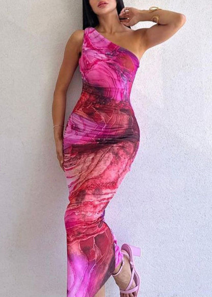 Rose Print Cotton Long Dresses One Shoulder Summer