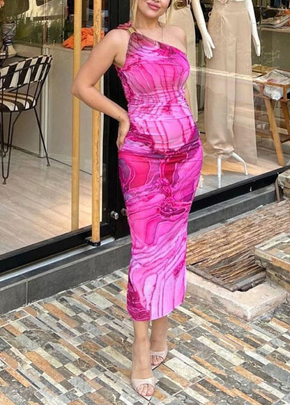 Rose Print Cotton Long Dresses One Shoulder Summer