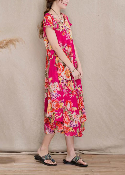 Rose Print Patchwork Cotton Dresses O Neck Short Sleeve