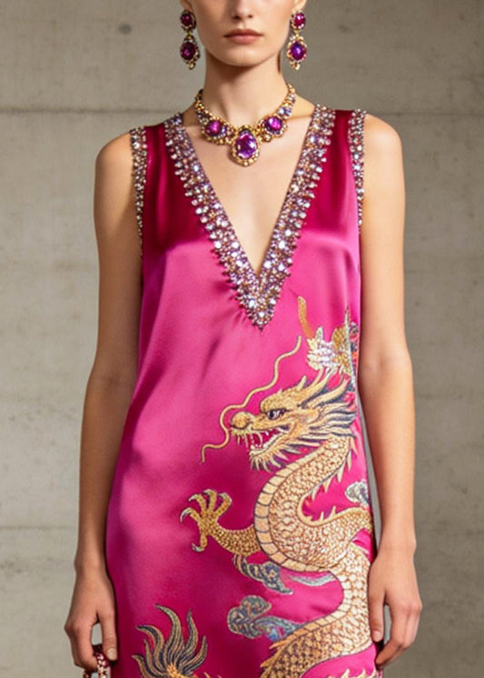 Rose Sequins Silk Holiday Dress Tasseled Asymmetrical Design Summer